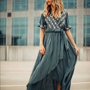 Embroidered wrap maxi dress